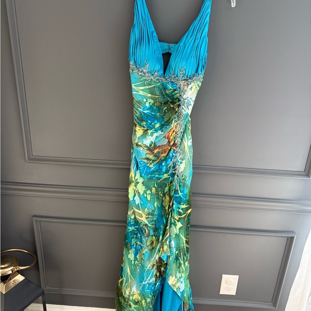 Elegant Blue and Green Evening Dress
